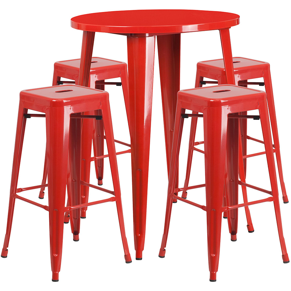 916-CH51090BH430SSR 30" Square Bar Height Table w/ (4) Bar Stool Set - Red Steel Top, Steel...