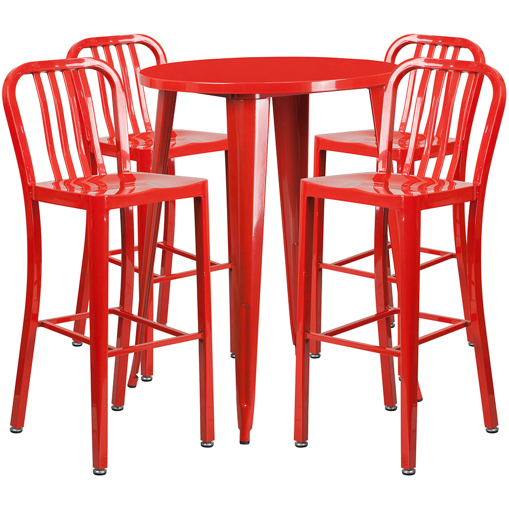 916-CH51090BH430VRED 30" Square Bar Height Table w/ (4) Bar Stool Set - Red Steel Top, Steel...