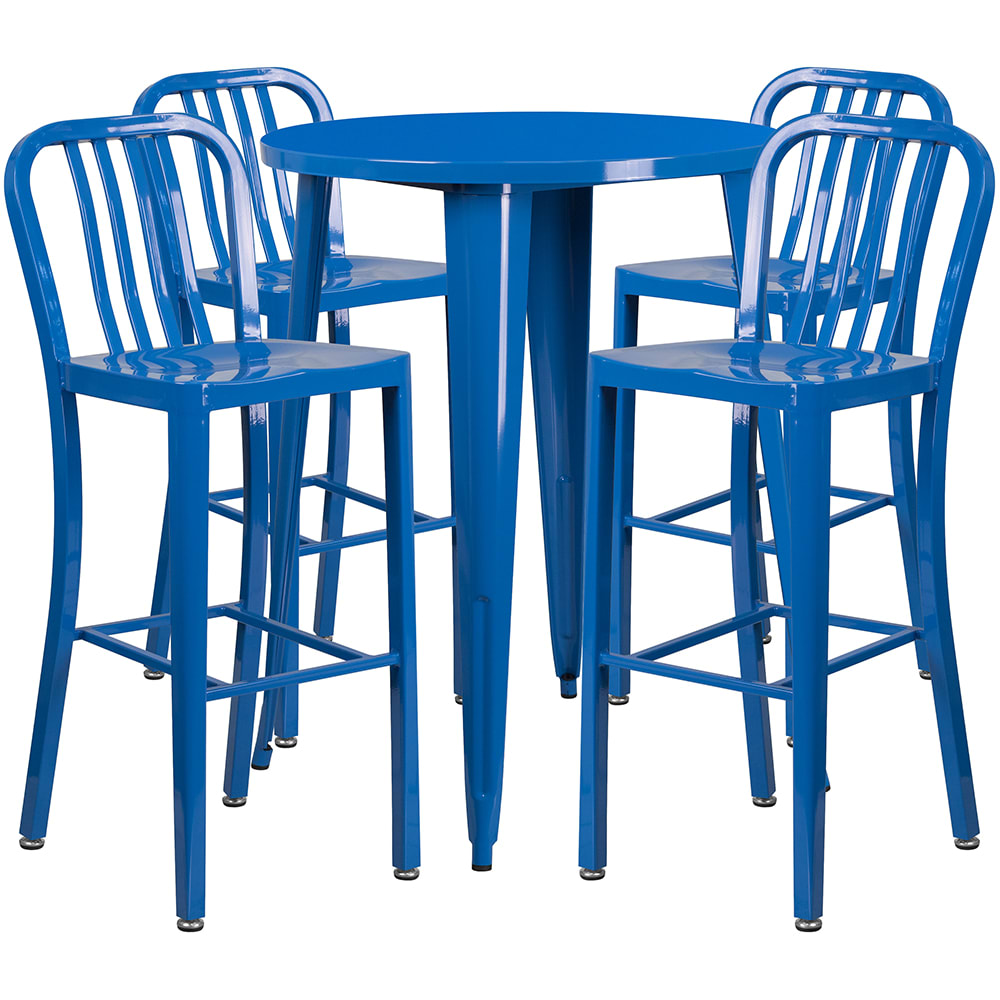 916-CH51090BH430VBL 30" Square Bar Height Table w/ (4) Bar Stool Set - Blue Steel Top, Steel...