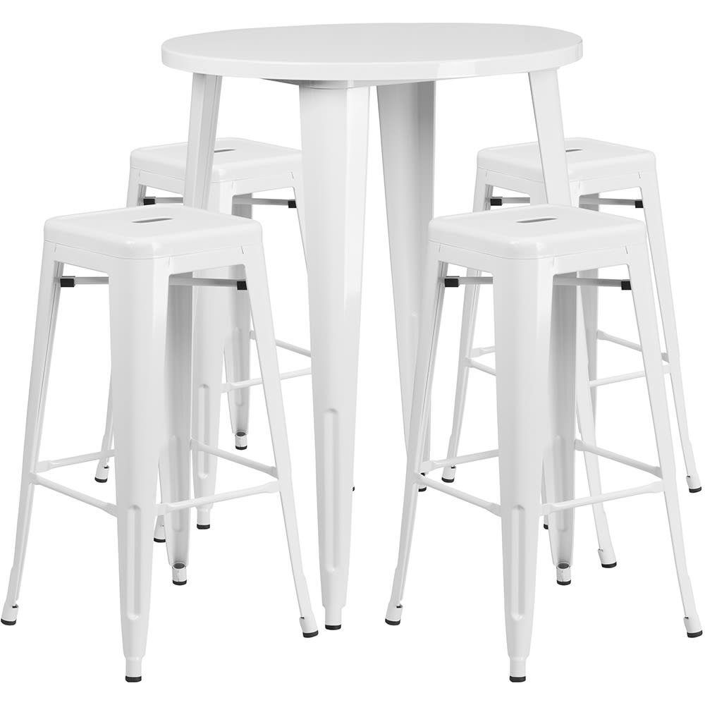 916-CH51090BH430SSWH 30" Square Bar Height Table w/ (4) Bar Stool Set - White Steel Top, Ste...