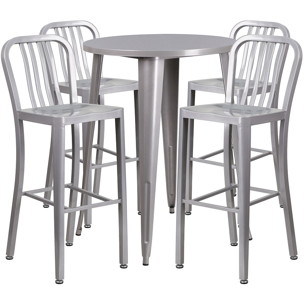 916-CH51090BH430VSIL 30" Square Bar Height Table w/ (4) Bar Stool Set - Silver Steel Top, St...