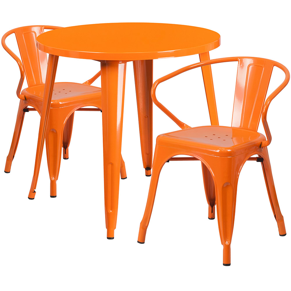 916-CH51090TH218AOR 30" Round Table & (2) Arm Chair Set - Metal, Orange
