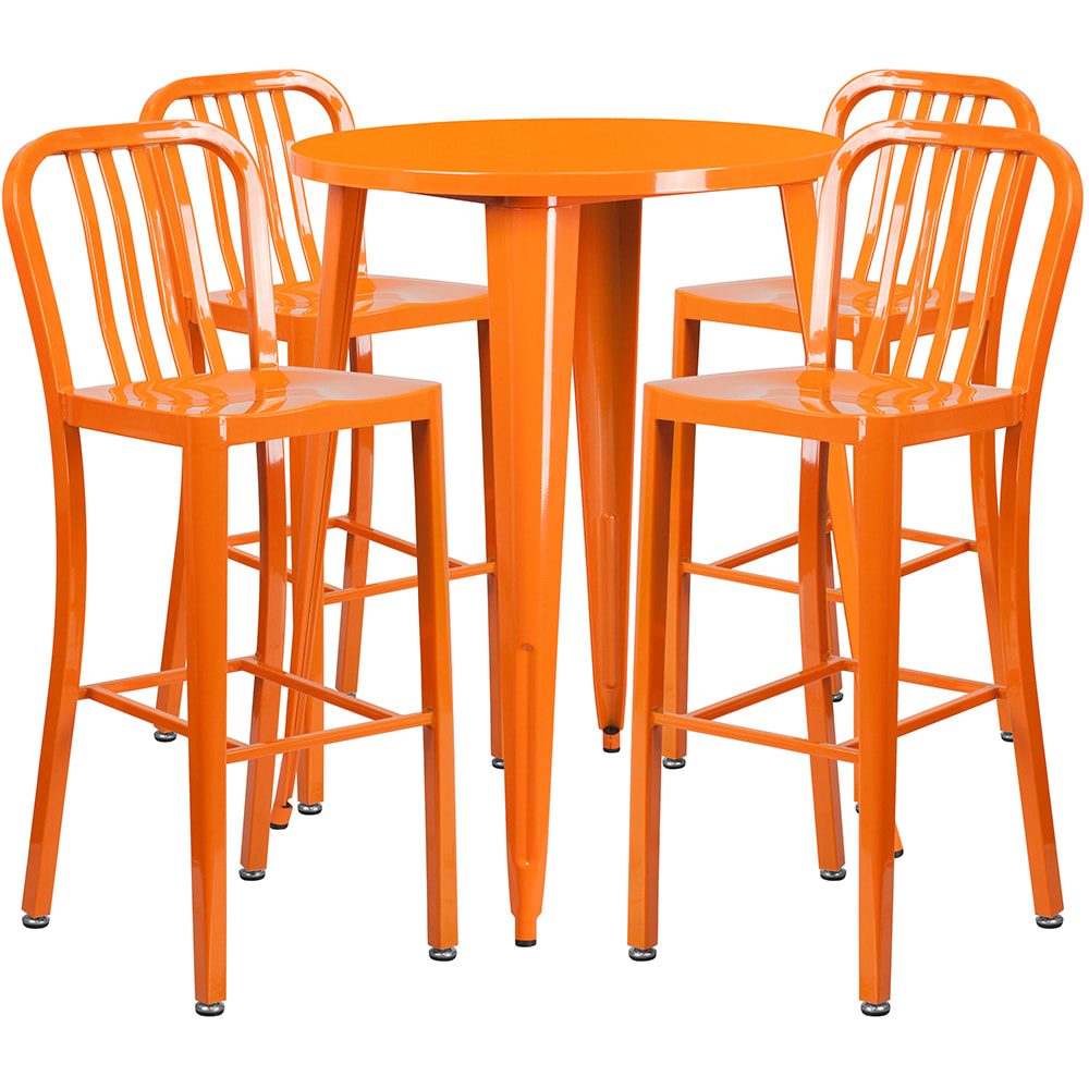 916-CH51090BH430VOR 30" Square Bar Height Table w/ (4) Bar Stool Set - Orange Steel Top, Ste...