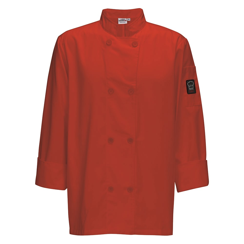 Winco UNF-6RM Double Breasted Chef's Jacket w/ Thermometer Pocket - Poly/Cotton, Red, Medium
