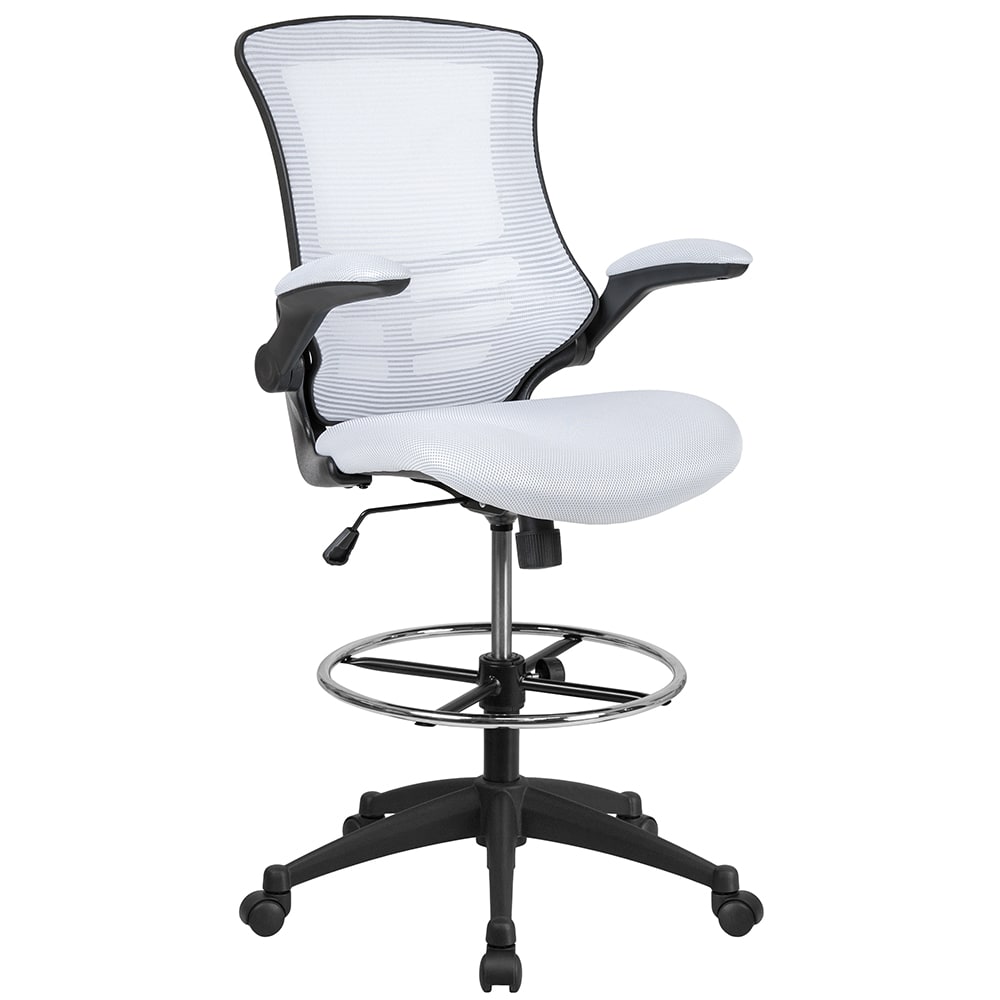 916-BLX5MDWH Swivel Drafting Chair w/ White Mesh Back & Seat - Black Base w/ Foot Ring