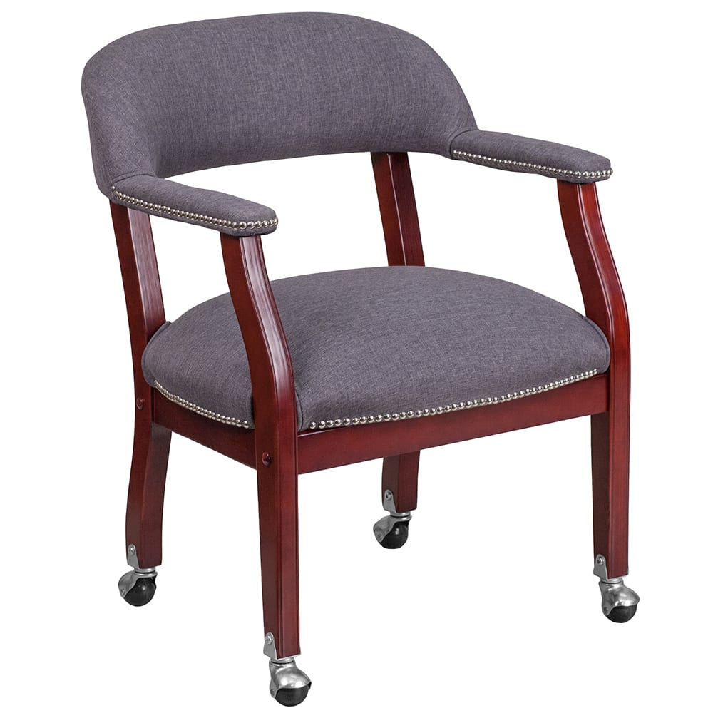 916-BZ100GY Rolling Conference Chair w/ Gray Polyester Upholstery & Mahogany Wood Frame