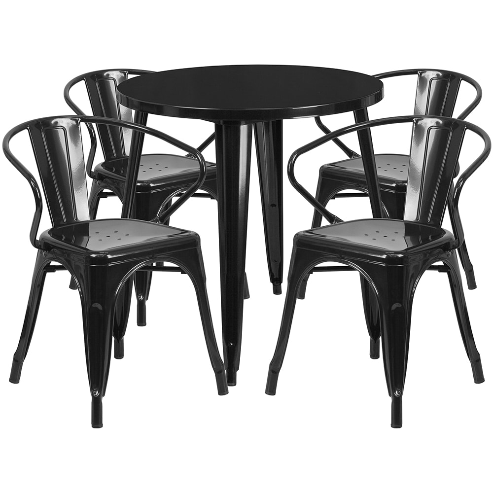 916-CH51090TH418ABK 30" Round Table & (4) Arm Chair Set - Metal, Black