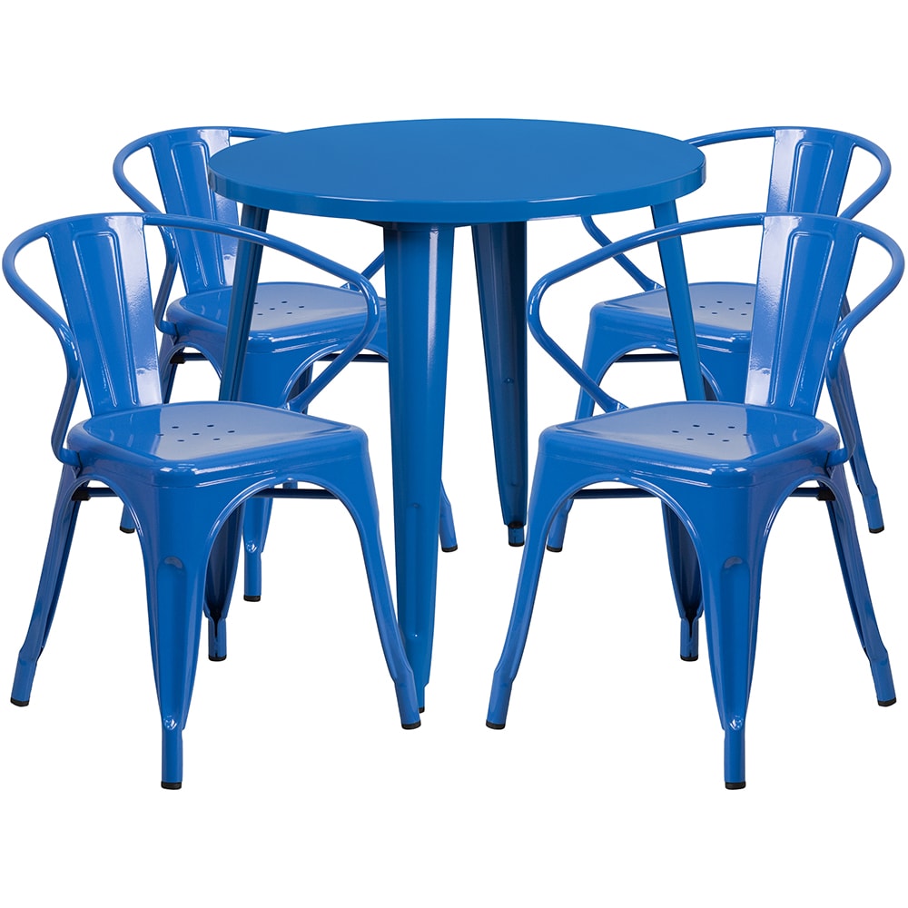 916-CH51090TH418ABL 30" Round Table & (4) Arm Chair Set - Metal, Blue