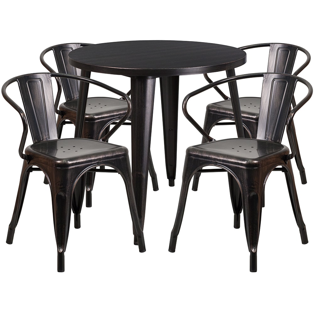 916-CH51090TH418ABQ 30" Round Table & (4) Arm Chair Set - Metal, Black & Antique Gol...