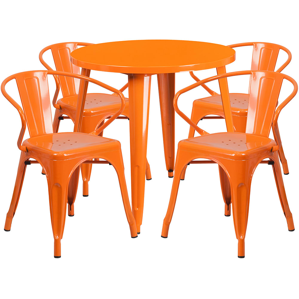 916-CH51090TH418AOR 30" Round Table & (4) Arm Chair Set - Metal, Orange
