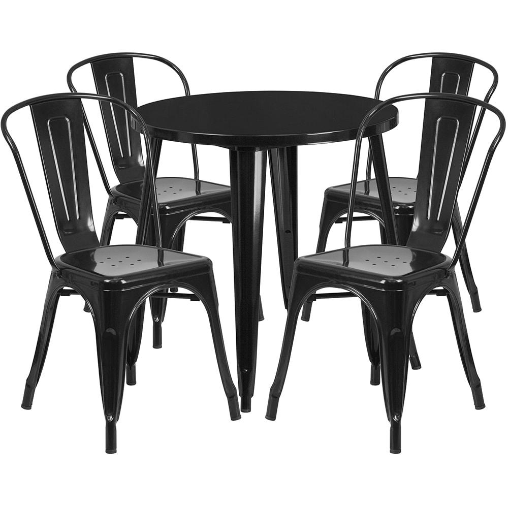916-CH51090TH418CBK 30" Round Table & (4) Café Chair Set - Metal, Black