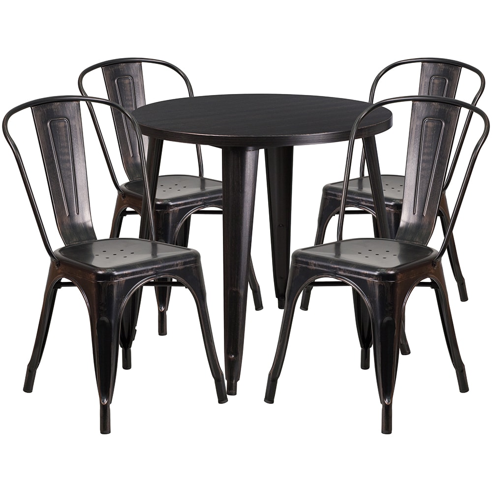 916-CH51090TH418CBQ 30" Round Table & (4) Café Chair Set - Metal, Black & Antique Go...