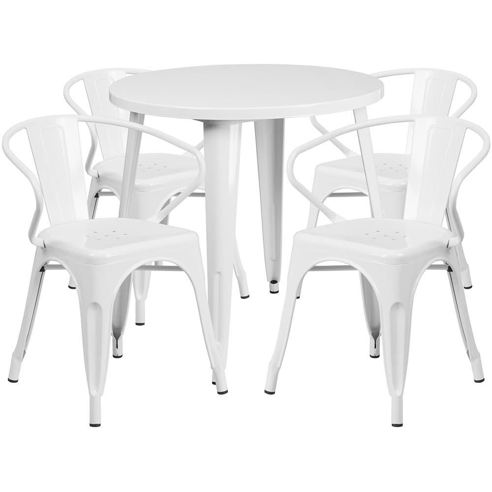 916-CH51090TH418AWH 30" Round Table & (4) Arm Chair Set - Metal, White