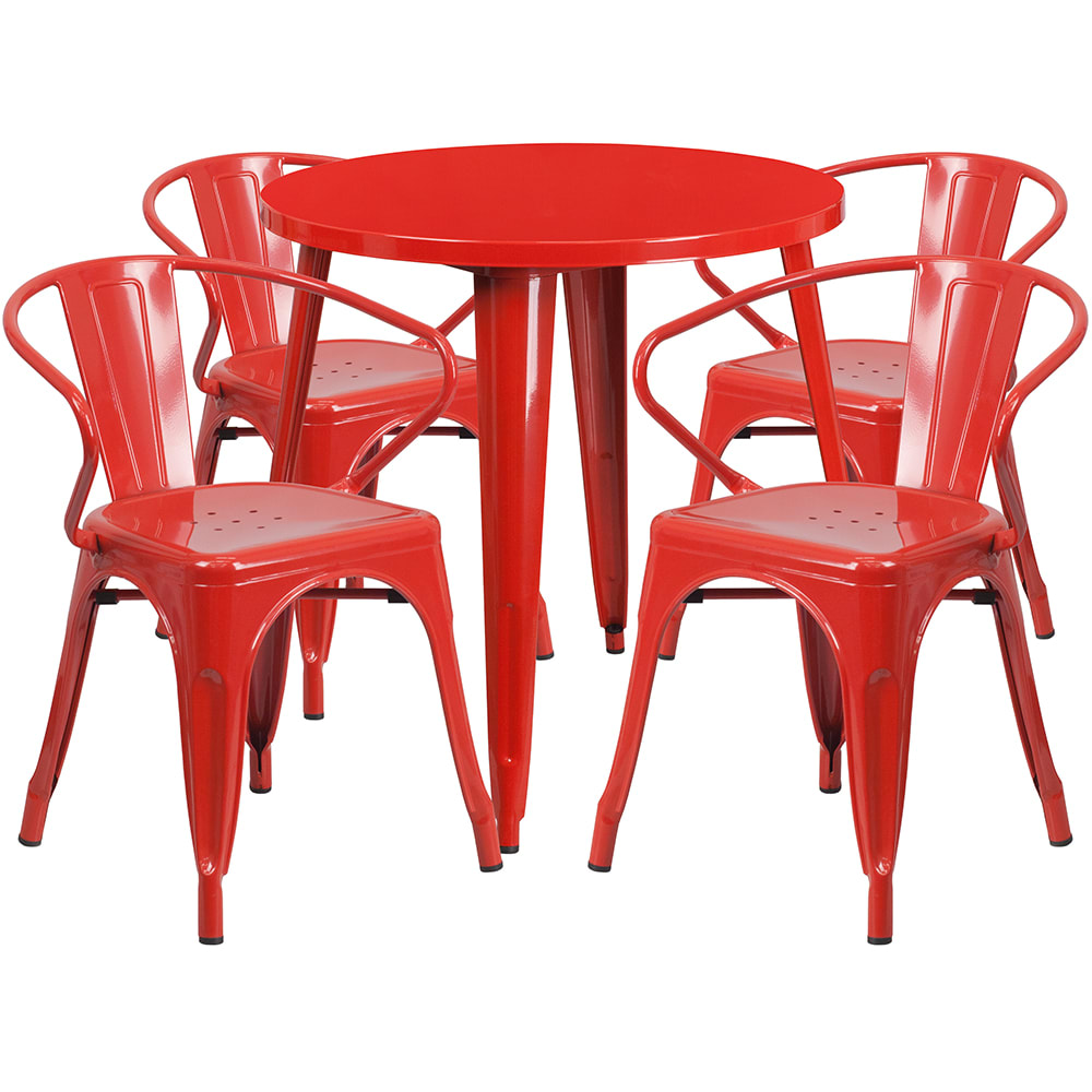 916-CH51090TH418ARED 30" Round Table & (4) Arm Chair Set - Metal, Red