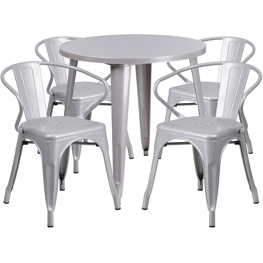 916-CH51090TH418AIL 30" Round Table & (4) Arm Chair Set - Metal, Silver