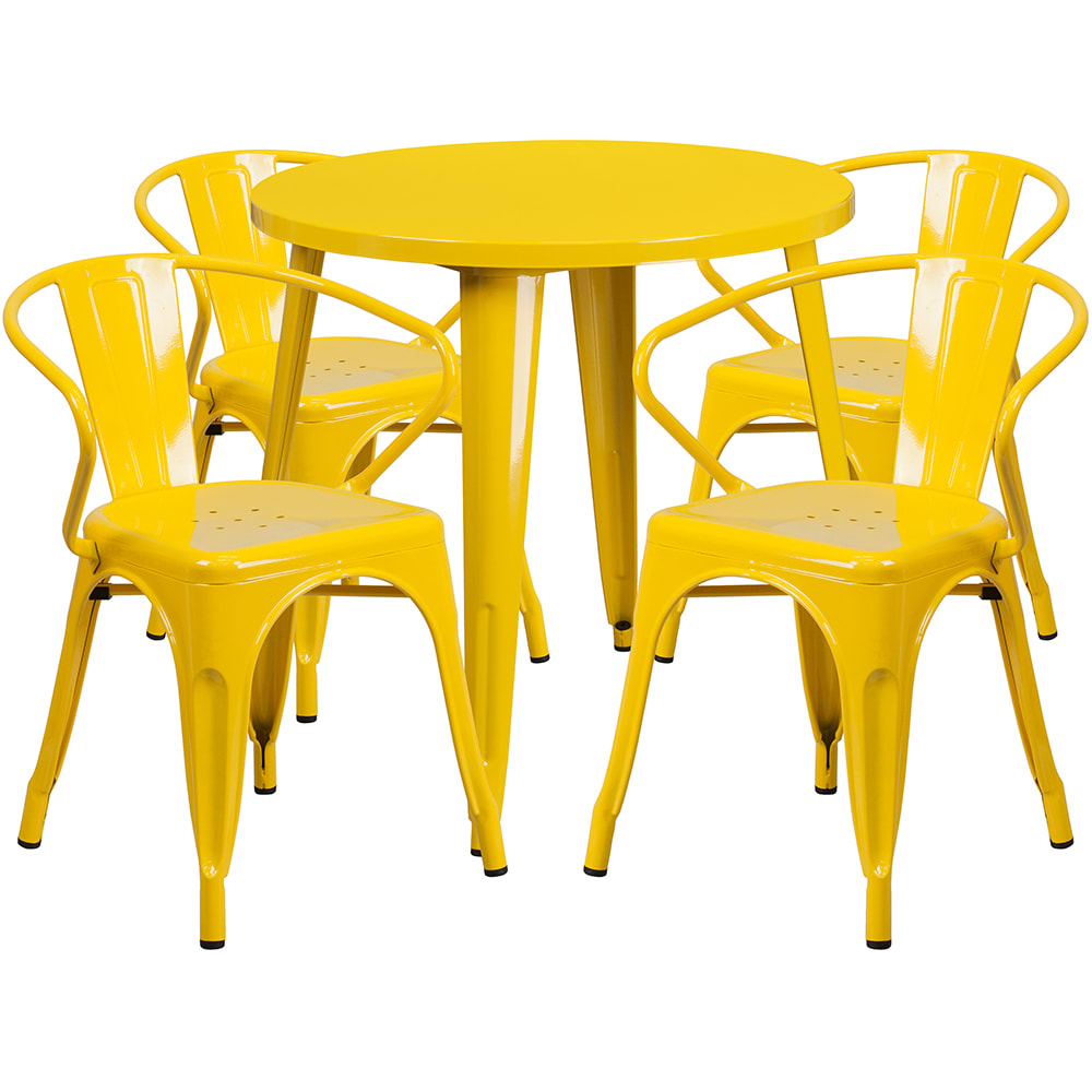 916-CH51090TH418AYL 30" Round Table & (4) Arm Chair Set - Metal, Yellow