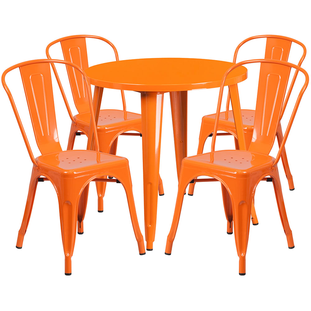 916-CH51090TH418COR 30" Round Table & (4) Café Chair Set - Metal, Orange