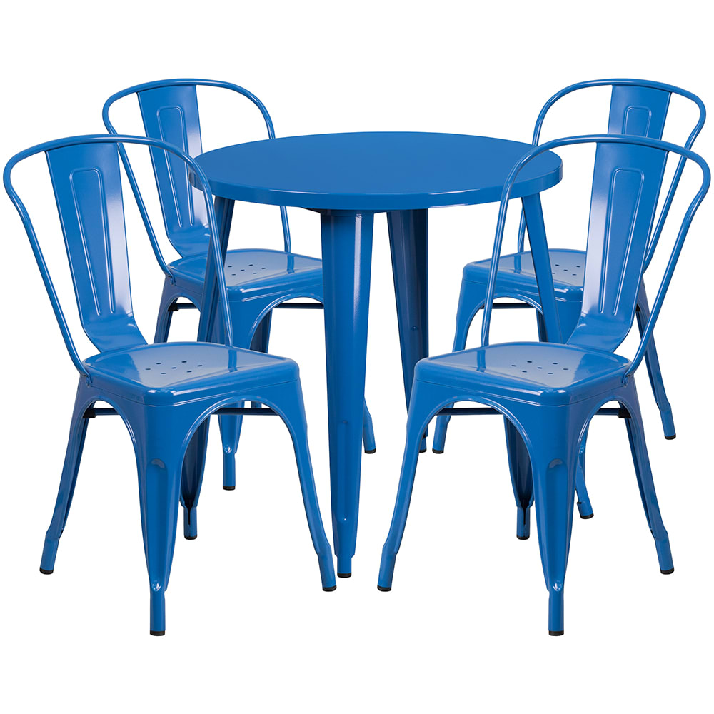 Flash Furniture CH-51090TH-4-18CAFE-BL-GG 30" Round Table & (4) Café Chair Set - Metal, Blue