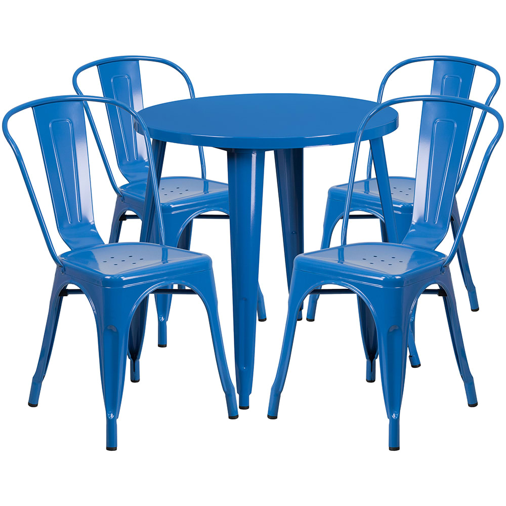 916-CH51090TH418CBL 30" Round Table & (4) Café Chair Set - Metal, Blue