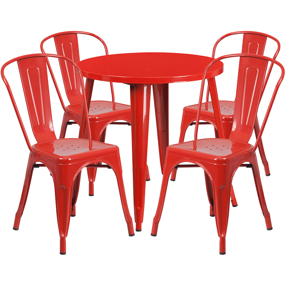916-CH51090TH418CRED 30" Round Table & (4) Café Chair Set - Metal, Red