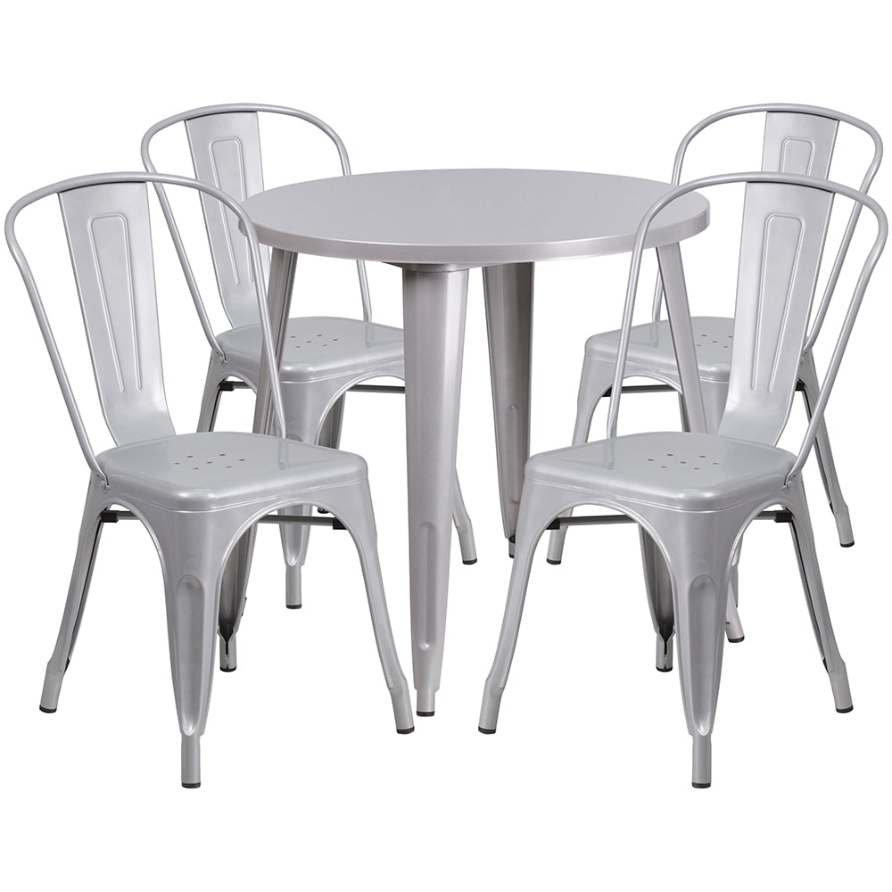916-CH51090TH418CSIL 30" Round Table & (4) Café Chair Set - Metal, Silver