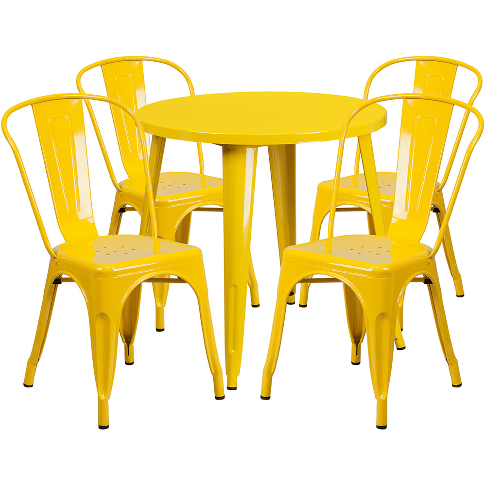 916-CH51090TH418CYL 30" Round Table & (4) Café Chair Set - Metal, Yellow