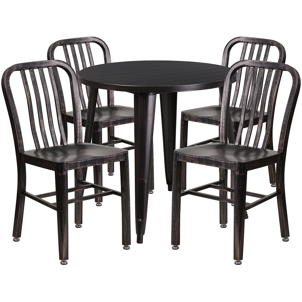 916-CH51090TH418VBQ 30" Round Table & (4) Chair Set - Metal, Black & Antique Gold
