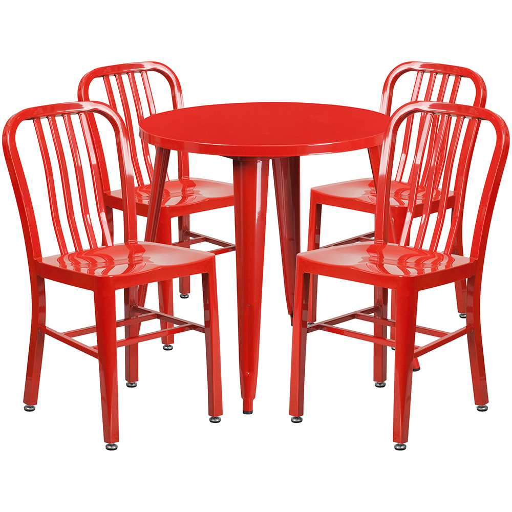 916-CH51090TH418VRED 30" Round Table & (4) Chair Set - Metal, Red
