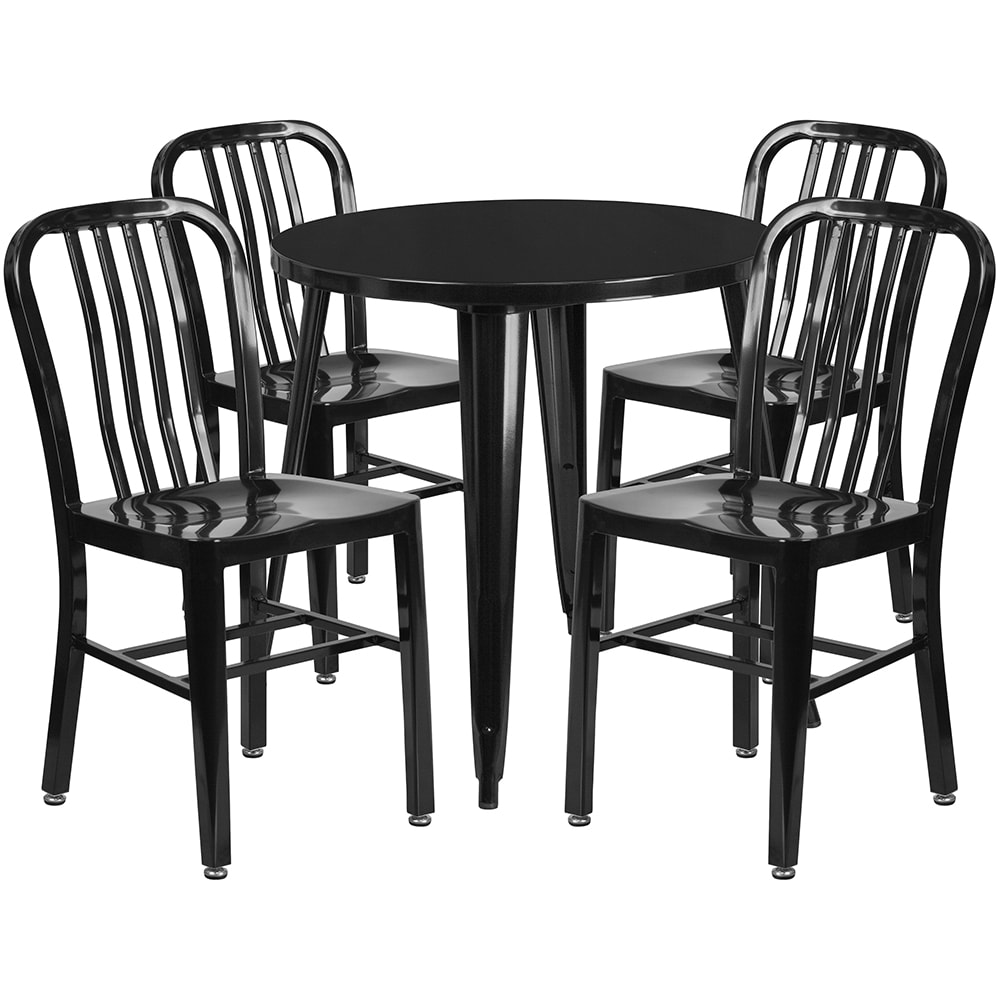 916-CH51090TH418VBK 30" Round Table & (4) Chair Set - Metal, Black
