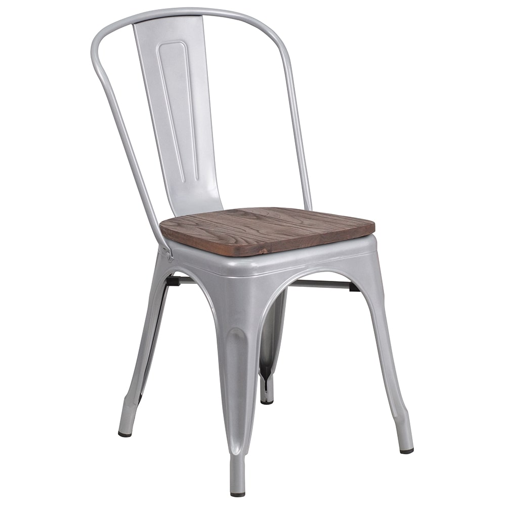 916-CH31230SILWD Stacking Side Chair w/ Vertical Slat Back & Wood Seat - Steel, Silver