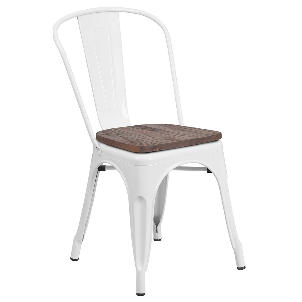 916-CH31230WHWD Stacking Side Chair w/ Vertical Slat Back & Wood Seat - Steel, White
