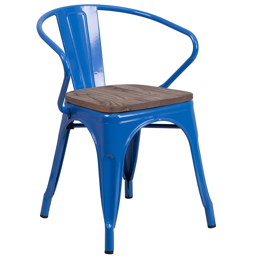 916-CH31270BLWD Stacking Armchair w/ Vertical Slat Back & Wood Seat - Steel, Blue