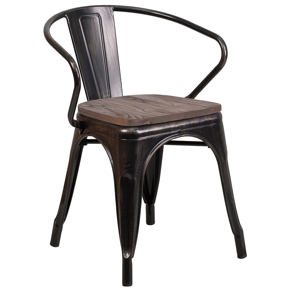 916-CH31270BQWD Stacking Armchair w/ Vertical Slat Back & Wood Seat - Steel, Black & Anti...