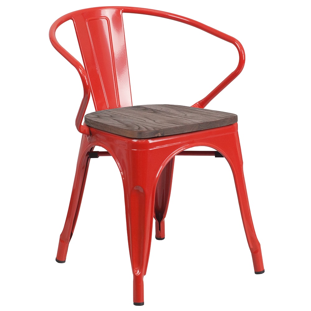 916-CH31270REDWD Stacking Armchair w/ Vertical Slat Back & Wood Seat - Steel, Red