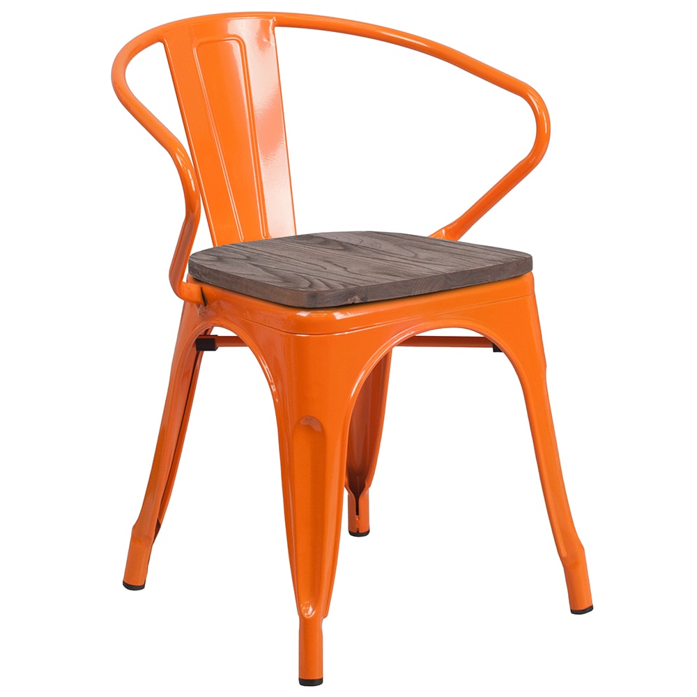916-CH31270ORWD Stacking Armchair w/ Vertical Slat Back & Wood Seat - Steel, Orange