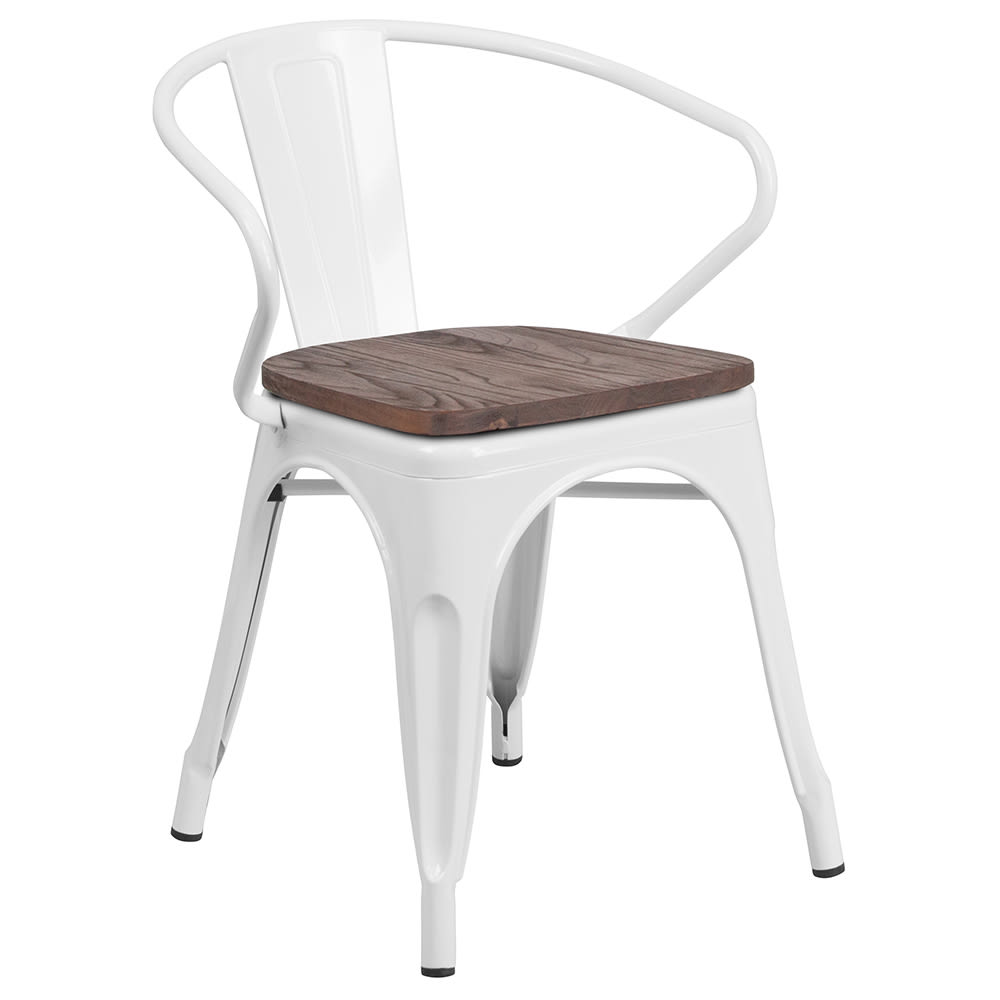916-CH31270WHWD Stacking Armchair w/ Vertical Slat Back & Wood Seat - Steel, White