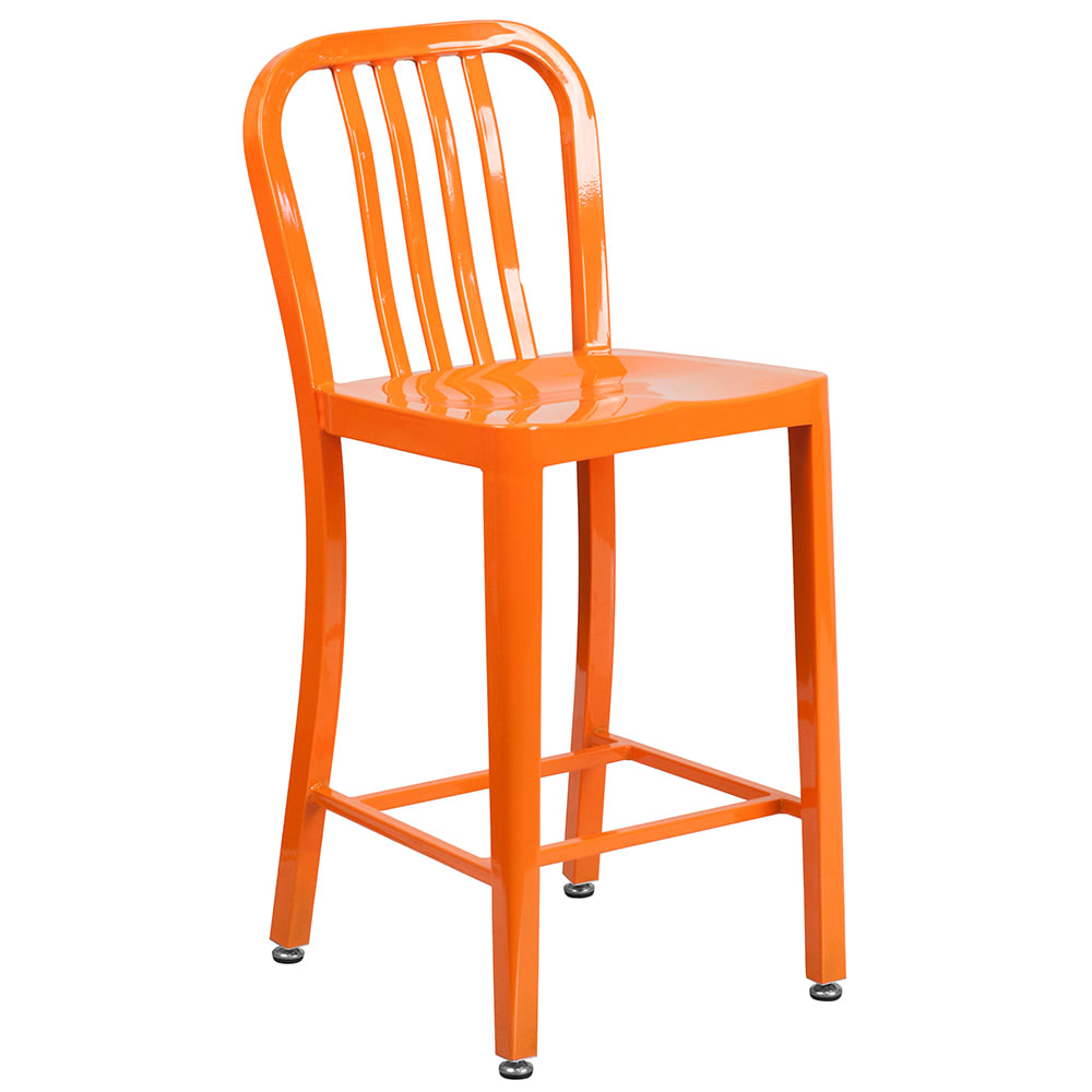 Flash Furniture CH-61200-24-OR-GG Counter Height Bar Stool w/ Vertical Slat Back & Metal Seat, Orange