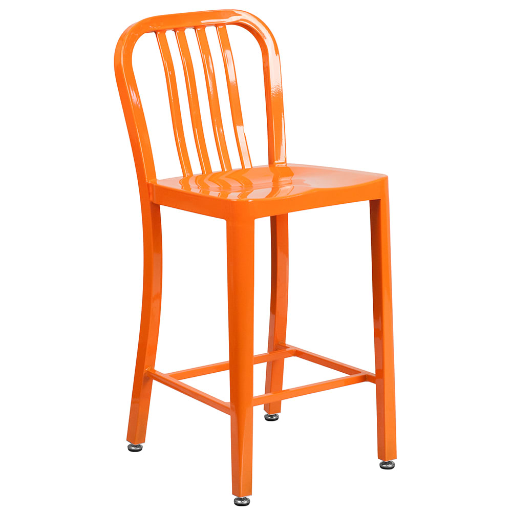 916-CH6120024OR Counter Height Bar Stool w/ Vertical Slat Back & Metal Seat, Orange
