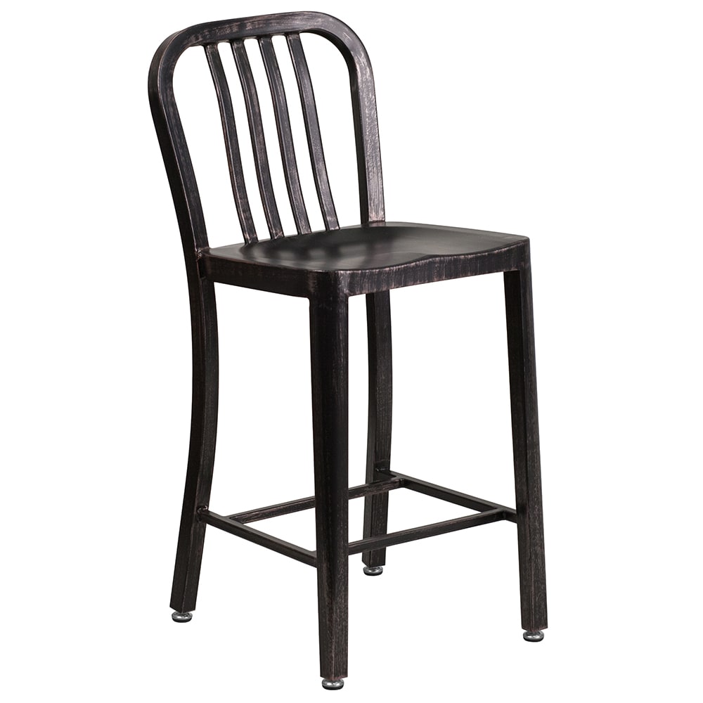 916-CH6120024BQ Counter Height Bar Stool w/ Vertical Slat Back & Metal Seat, Black Antique Go...