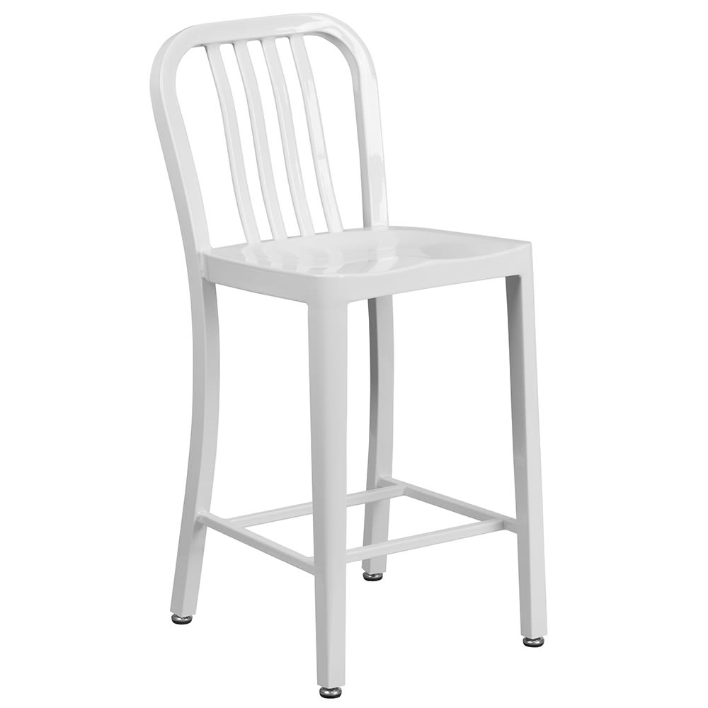 916-CH6120024WH Counter Height Bar Stool w/ Vertical Slat Back & Metal Seat, White