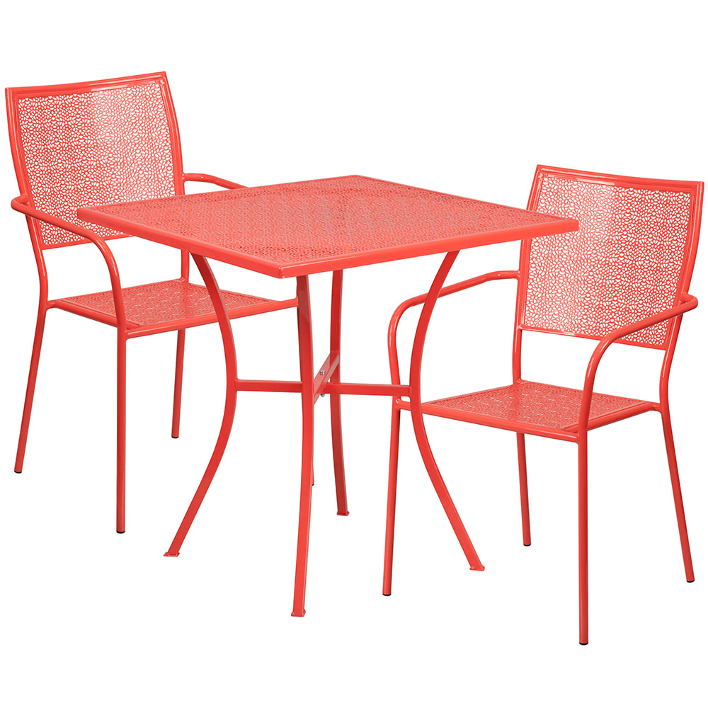 916-CO28SQ02CHR2RED 28" Square Patio Table & (2) Square Back Arm Chair Set - Steel, Cora...