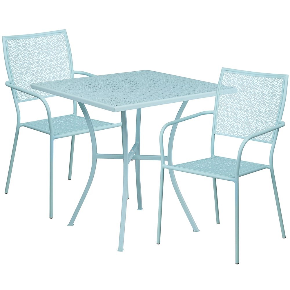 916-CO28SQ02CHR2SKY 28" Square Patio Table & (2) Square Back Arm Chair Set - Steel, Sky...