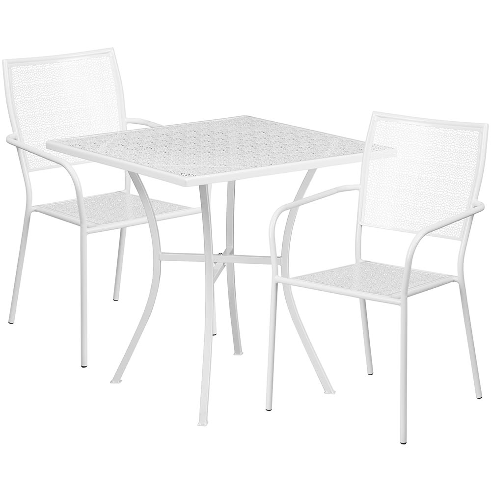 916-CO28SQ02CHR2WH 28" Square Patio Table & (2) Square Back Arm Chair Set - Steel, White