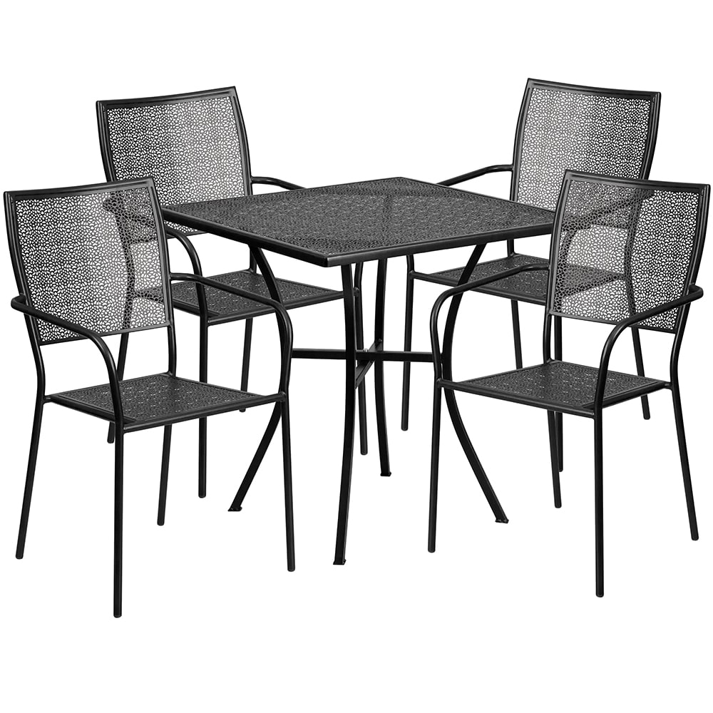 916-CO28SQ02CHR4BK 28" Square Patio Table & (4) Square Back Arm Chair Set - Steel, Black
