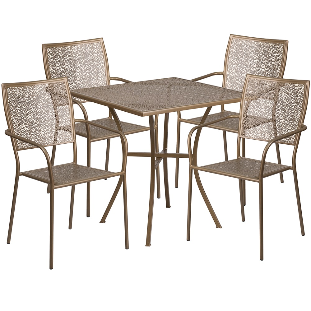 916-CO28SQ02CHR4GD 28" Square Patio Table & (4) Square Back Arm Chair Set - Steel, Gold