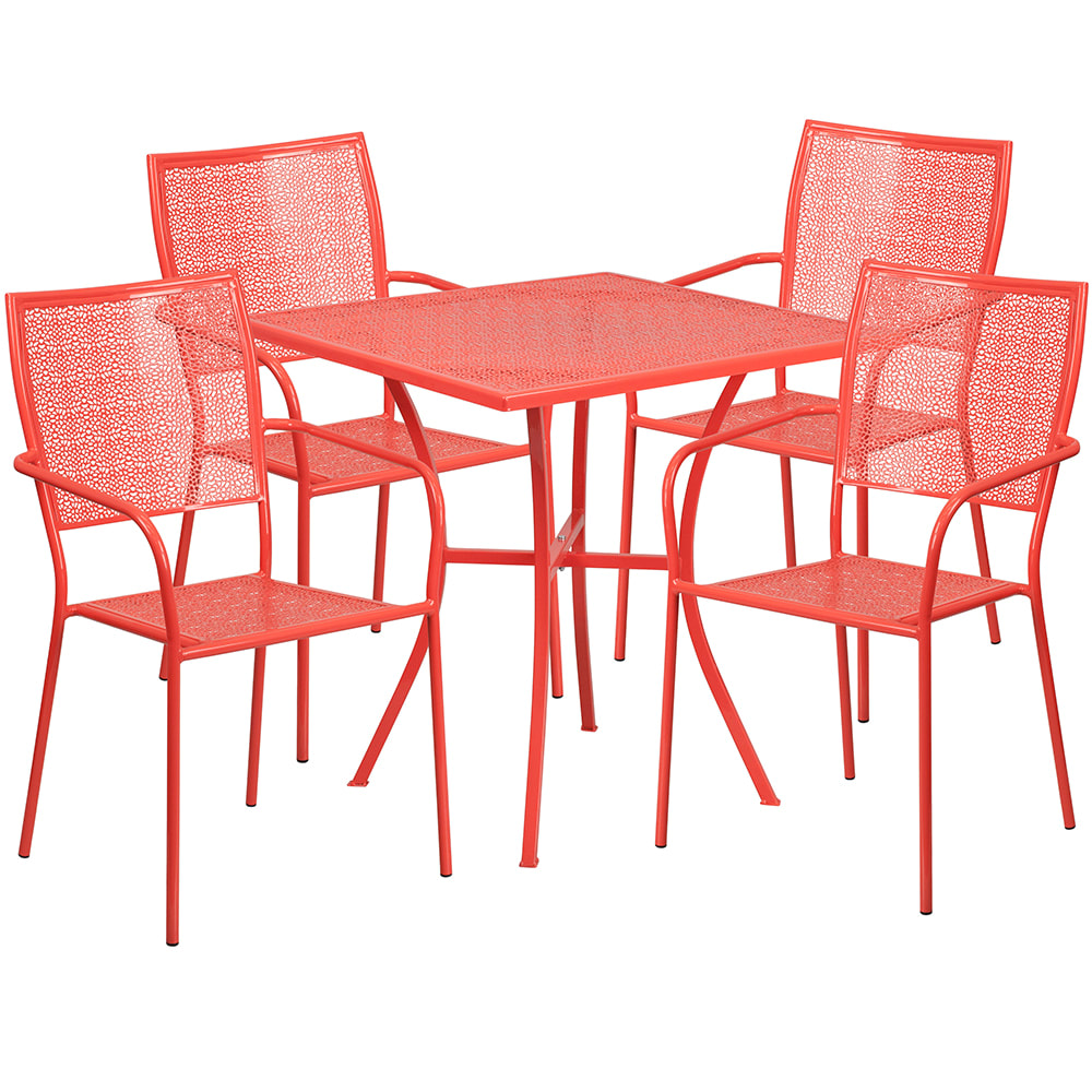 916-CO28SQ02CHR4RED 28" Square Patio Table & (4) Square Back Arm Chair Set - Steel, Cora...