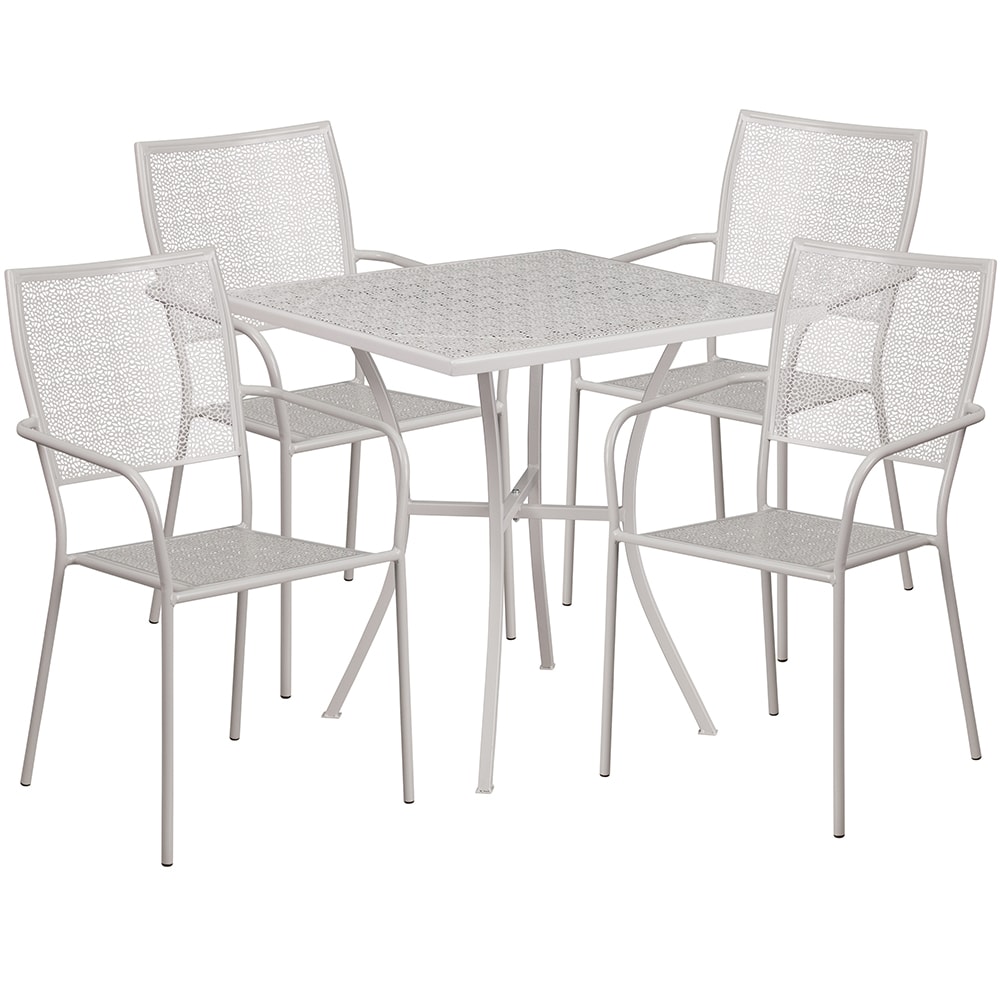 916-CO28SQ02CHR4SIL 28" Square Patio Table & (4) Square Back Arm Chair Set - Steel, Ligh...