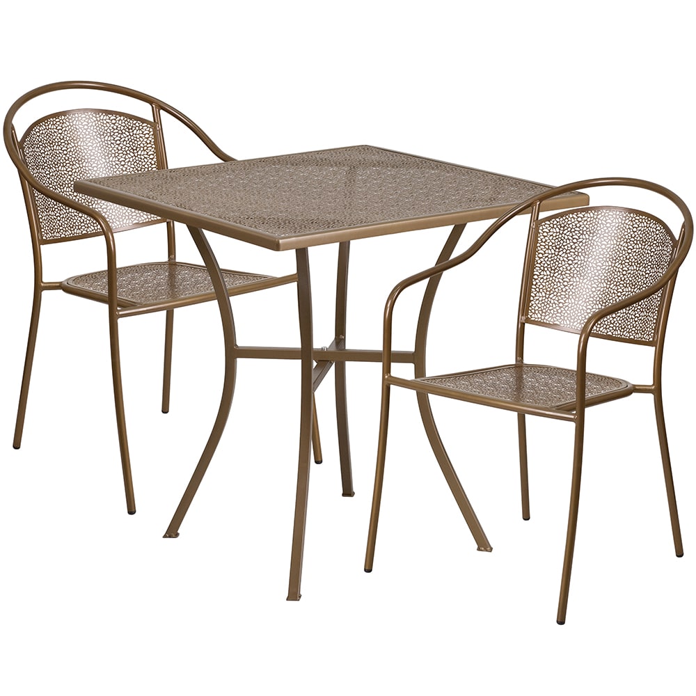 916-CO28SQ03CHR2GD 28" Square Patio Table & (2) Round Back Arm Chair Set - Steel, Gold