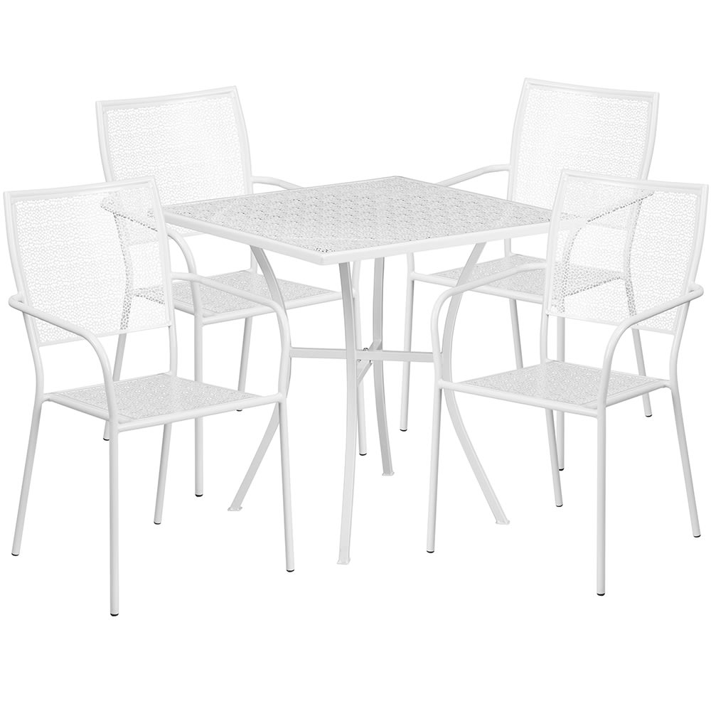 916-CO28SQ02CHR4WH 28" Square Patio Table & (4) Square Back Arm Chair Set - Steel, White