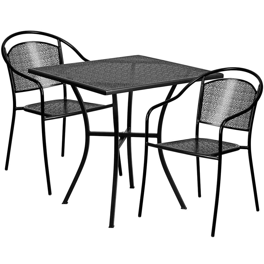 916-CO28SQ03CHR2BK 28" Square Patio Table & (2) Round Back Arm Chair Set - Steel, Black